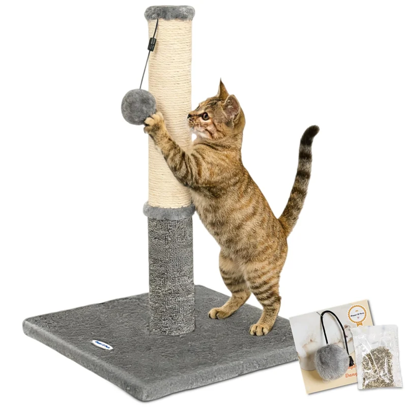 Happi N Pets Grattoir pour Chat — Poste d intérieur Double Surface SISAL et Tapis, Base Stable, Jouet Détachable + Jouet Offert – Gris Clair