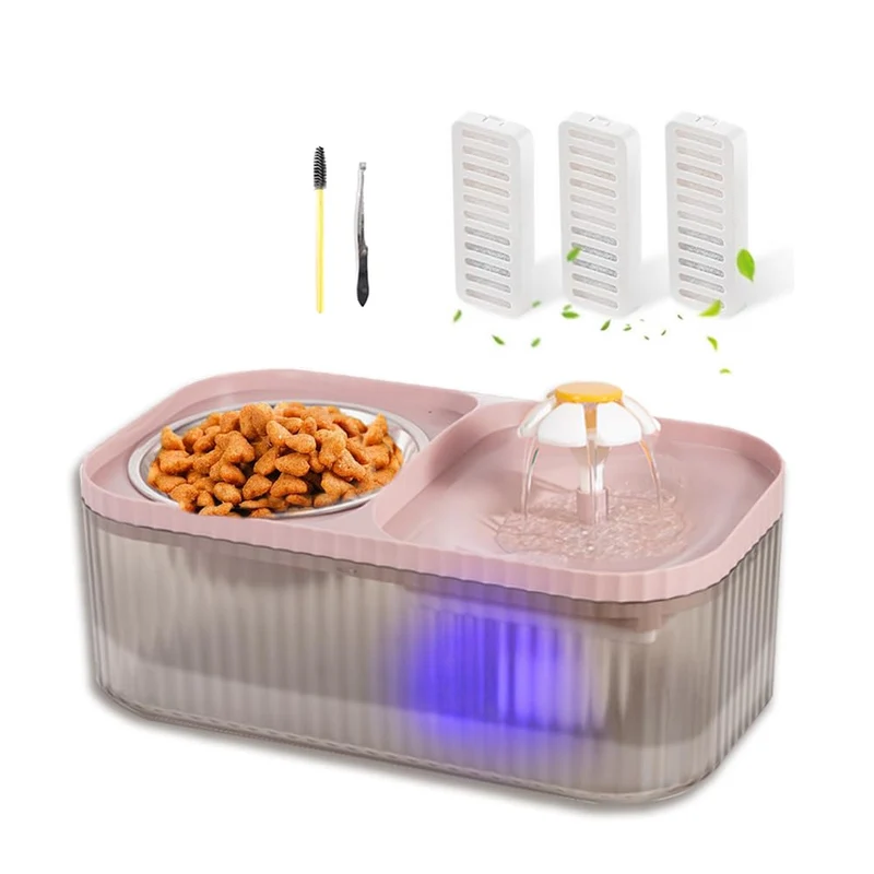 Marchul Fontaine d’Eau 2-en-1 pour Chat et Bol en Acier – 3 L, Ultra Silencieuse, Pompe Intelligente, 3 Filtres, Rose