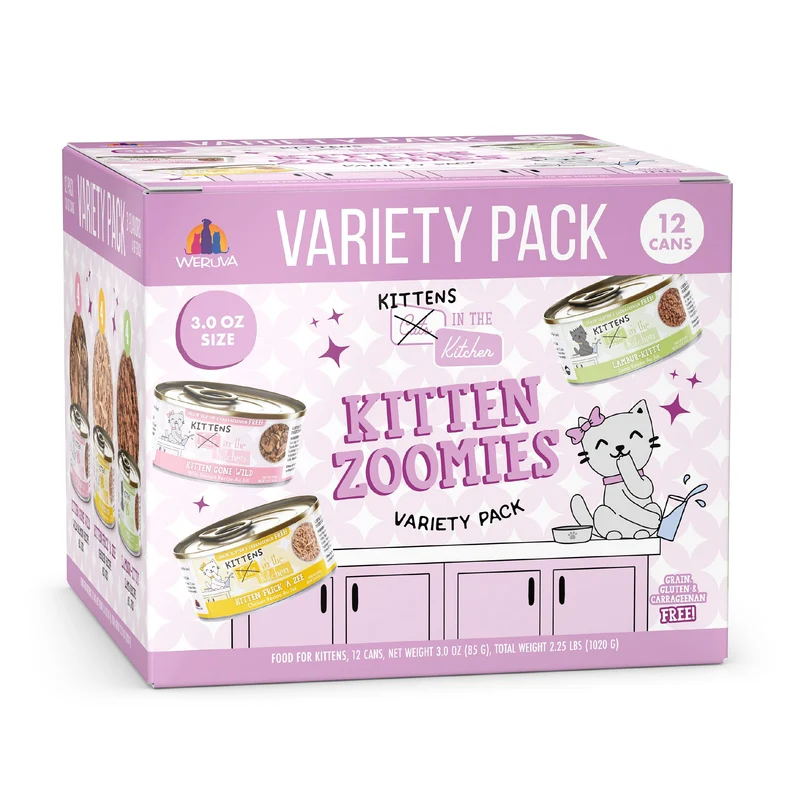 Pack Variété Weruva Cats in the Kitchen Kitten Zoomies – Boîtes 3oz (12 x 4 recettes)