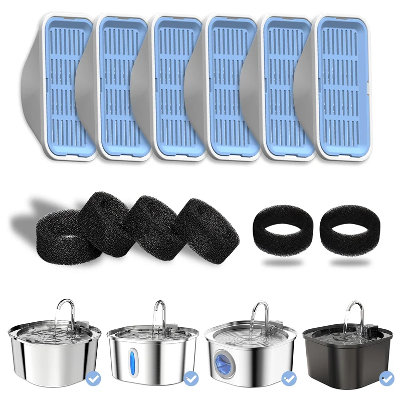 PEKTACO Filtres de Remplacement et Éponges Pré-Filtration – Fontaine Animaux 3,2 L (108 oz) – 6 filtres + 6 éponges