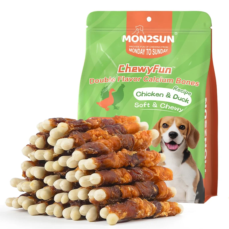 MON2SUN Friandises Double Saveur pour Petits Chiens — Os Calcium 4 pouces, Poulet et Canard, Sans Cuir, Lot de 30
