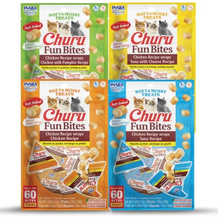 INABA Churu Fun Bites pour Chats – Friandises au Poulet Enveloppé, Douces et Moelleuses, 12 Tetras, Pack de 4 Saveurs