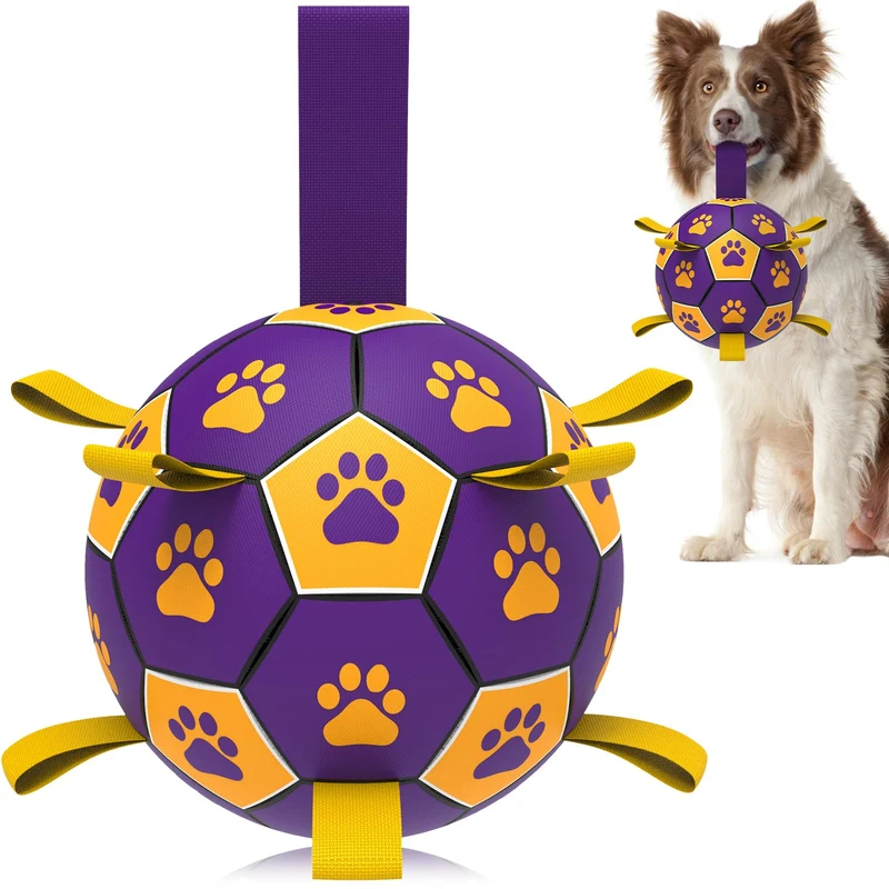 QDAN Ballon de foot avec anse pour chien — Jouet interactif de traction (8 pouces)