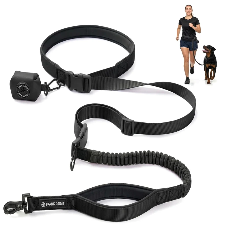 Spark Paws Laisse mains-libres – Bungee absorbant, clip ceinture et sacs à crottes – Robuste pour chiens M à XL – Noir