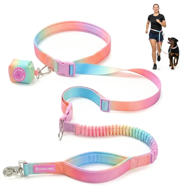 Spark Paws Laisse Main Libre – Laisse Bungee Absorbe-Chocs Taille, Clip Voiture & Kit Sacs – Pour Chiens M, L, XL – Pastel Glacé