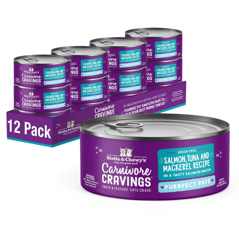 Stella & Chewy's Carnivore Cravings Purrfect Paté – Pâté humide sans céréales pour chat | Saumon, Thon & Maquereau | Haute protéine avec bouillon d'os – 12 boîtes de 2,8 oz