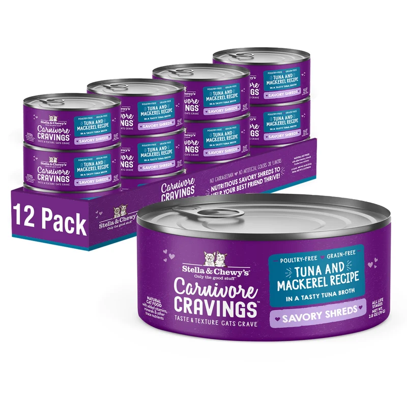 Stella & Chewy's Carnivore Cravings Savory Shreds – Pâtée humide pour chat – Thon et Maquereau sauvages – 2,8 oz, lot de 12