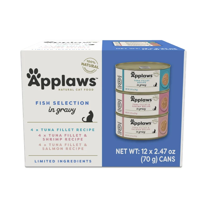 Applaws Nourriture humide pour chats en sauce – Ingrédients naturels et limités, protéines élevées, ensemble varié de poissons (12 boîtes de 70 g)