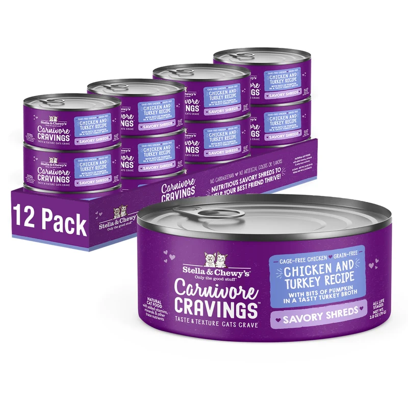 Stella & Chewy's Carnivore Cravings Savory Shreds – Nourriture humide pour chat, Poulet et Dinde – 12 boîtes de 2,8 oz