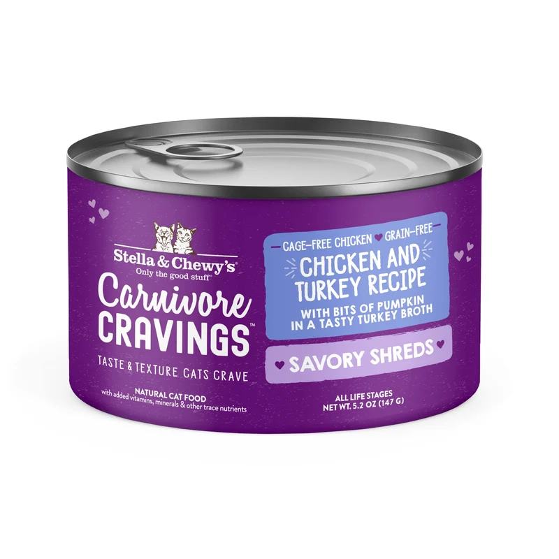 Stella & Chewy's Carnivore Cravings Savory Shreds – Nourriture humide pour chat – Morceaux de poulet et dinde, 5,2 oz, lot de 8