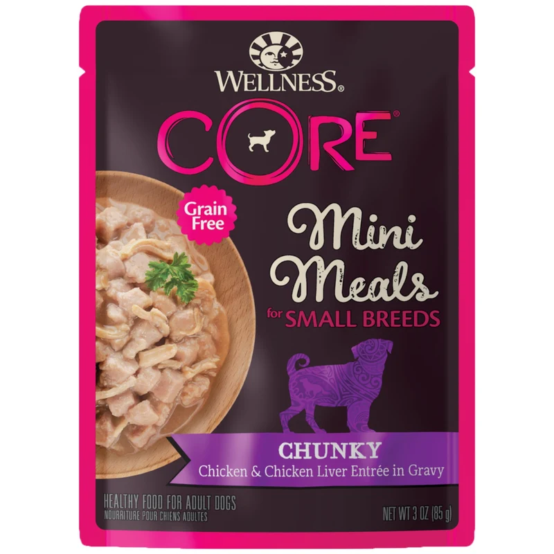 Wellness CORE – Aliment Humide Sans Cereales pour Petites Races, Mini Repas au Poulet et Foie en Sauce (Sachets 85 g, Lot de 12)