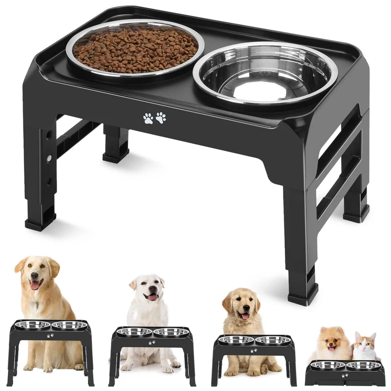 COMESOON Gamelles Elevees pour Chien – Support Ajustable en 4 Hauteurs, Bols Acier 50oz, Anti-Glissement – DB-W01