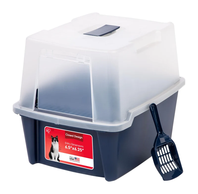 IRIS USA Caisse-litière pour chat avec porte avant – Enclos privé et facile à nettoyer bleu marine