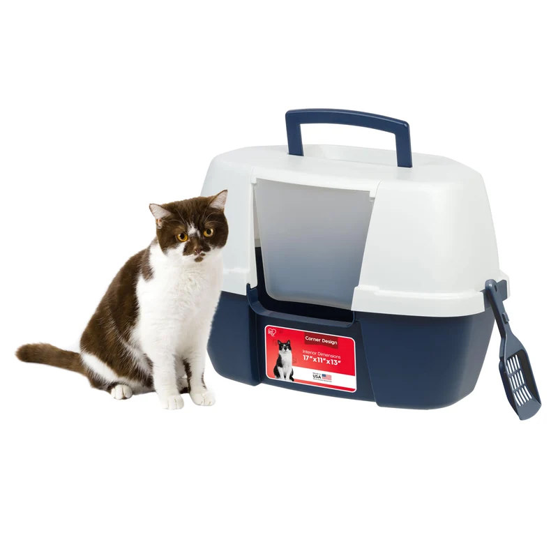 IRIS USA Bac à litière d’angle pour chat – Enclos couvert, pelle, gain de place Navy/Blanc