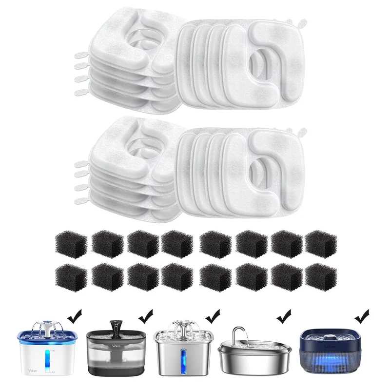 Veken Filtre Fontaine pour Animaux – Lot de 16 Filtres + 16 Éponges Pré-Filtre (50oz–108oz)