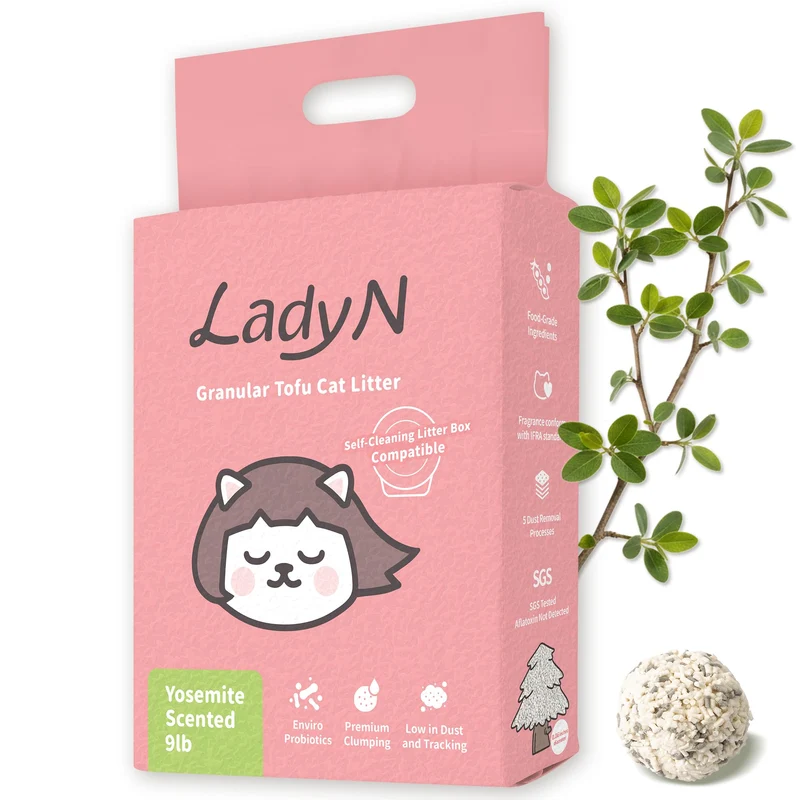 Lady N Litière granulaire au tofu Yosemite – Mini-granulés, compatible boîtes automatiques, contrôle probiotiques des odeurs, 9 livres