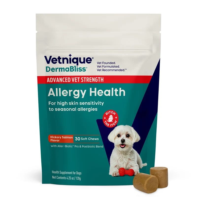 Vetnique DermaBliss – Friables pour chiens, démangeaisons saisonnières, peau et digestion – Force Régulière ou Avancée (30 bouchées à mâcher)