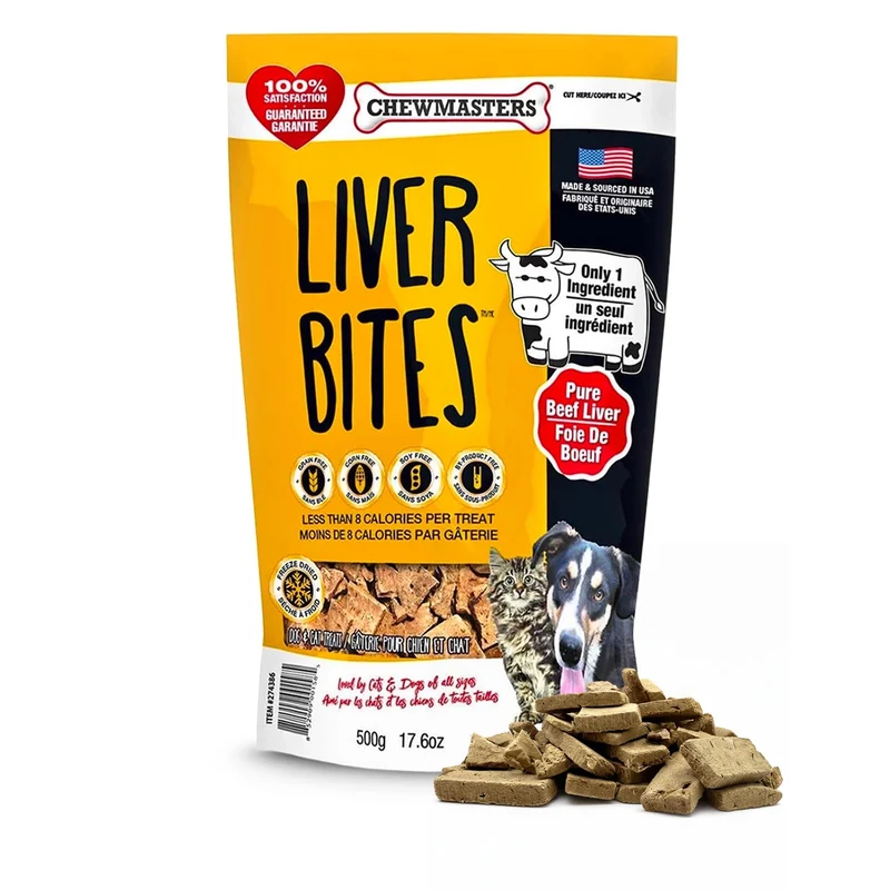 Chewmasters Bouchées Foie Boeuf Pur – Friandises Freeze-Dried pour Chien, Protéine Élevée, Sans Céréales, Sans Additifs, Fabriqué aux Étatas‑Unis – 17.6 oz
