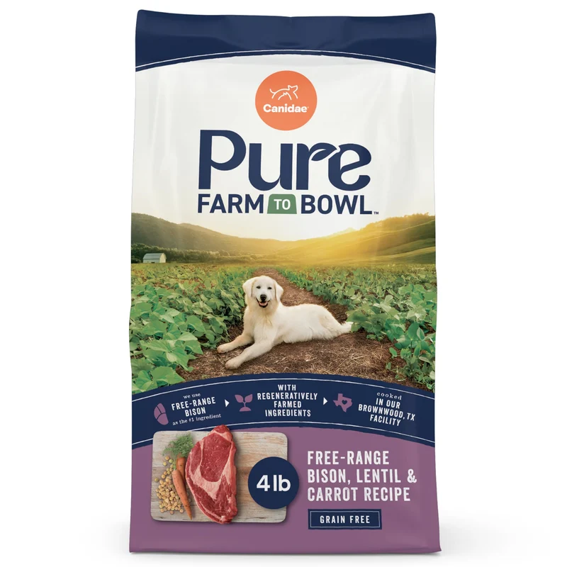 CANIDAE Pure — Bison élevé en liberté, Lentilles et Carottes, Croquettes sans céréales pour chien adulte — 1,8 kg