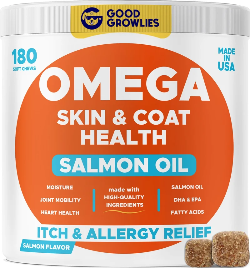 GOODGROWLIES Omega 3 pour Chien — Bouchées Saumon, Soin Peau et Pelage (180 bouchées)