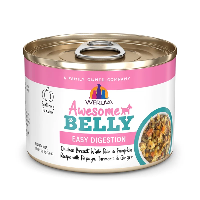Weruva Awesome Belly – Nourriture humide pour chien au poulet, riz blanc et citrouille avec papaye, boîte 6oz – Pack de 8