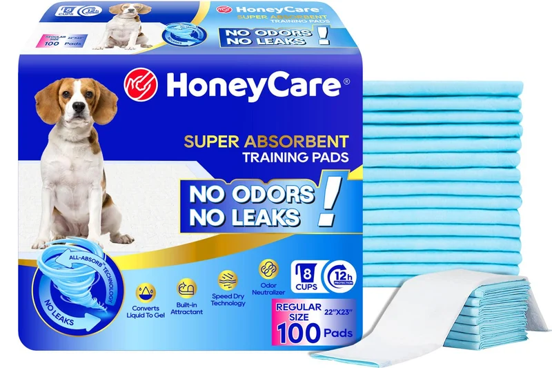 HONEY CARE All-Absorb Tapis d’entraînement pour chien grand format 22 x 23 pouces – 100 unités – Ultra absorbants et anti-odeur – Fuite assurée, 5 couches, surface à séchage rapide – Bleu – A01