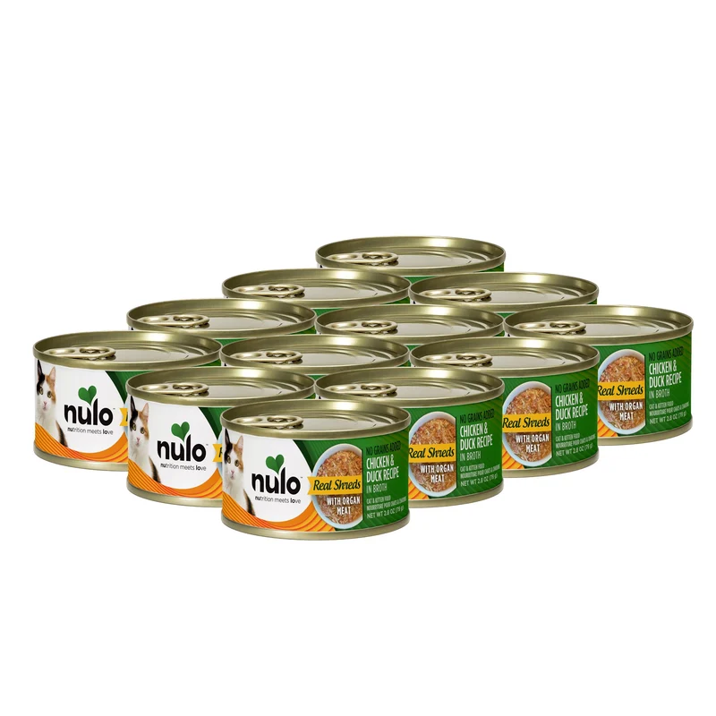 Nulo Real Shreds – Aliment humide en conserve pour chat, poulet et canard, morceaux d’organes, 12 boîtes de 2,8 oz