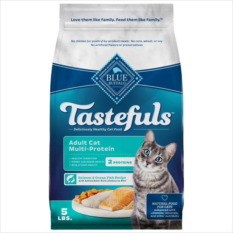 Blue Buffalo Tastefuls – Croquettes Multi‑Protéines pour Chat Adulte, Saumon & Poisson des Océans, Sac de 5 lb