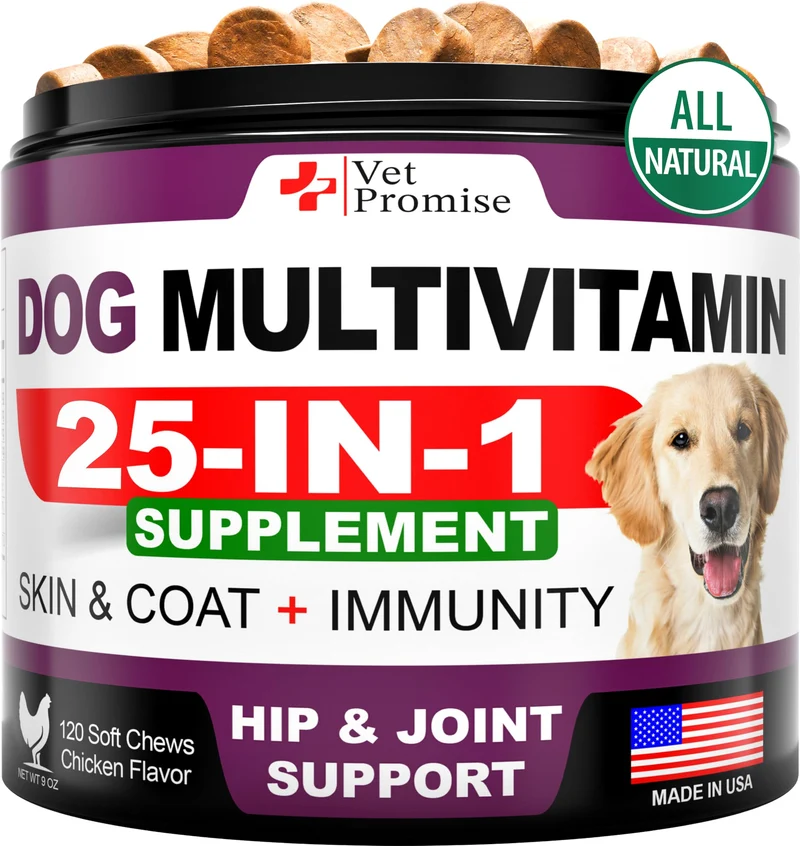 Vet Promise – Multivitamines pour chiens 15 en 1 avec glucosamine | Soin des articulations, immunité et énergie – 120 bouchées