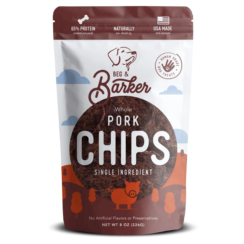 Beg & Barker Chips de Porc pour Chiens – Friandise 100% Porc, Sans Céréales, Fabriqué aux États‑Unis (8 onces)