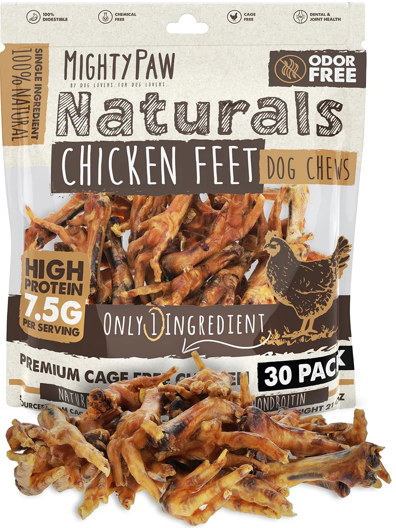 Mighty Paw Naturals Pattes de Poulet – Friandise Naturelle Déshydratée pour Chiens (30 pièces)