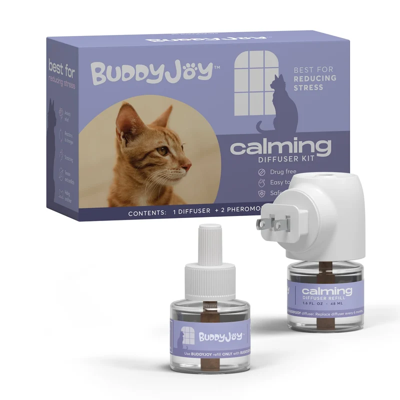 BUDDYJOY Diffuseur Calme pour Chats – Recharges 30 Jours avec Phéromones Relaxantes – Pack (1 Diffuseur + 2 Recharges)