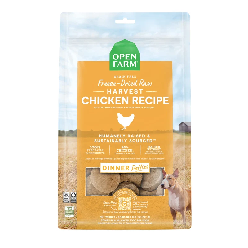 Open Farm Galettes Crues Lyophilisées pour Chiens – 95% Viande, Organes et Os | Repas Complet ou Mélange, Recette Poulet, Environ 300 g