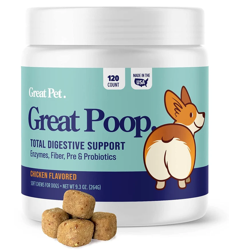 Great Poop Probiotics pour chiens — Fibres, Probiotiques et Enzymes Digestives au Goût Poulet