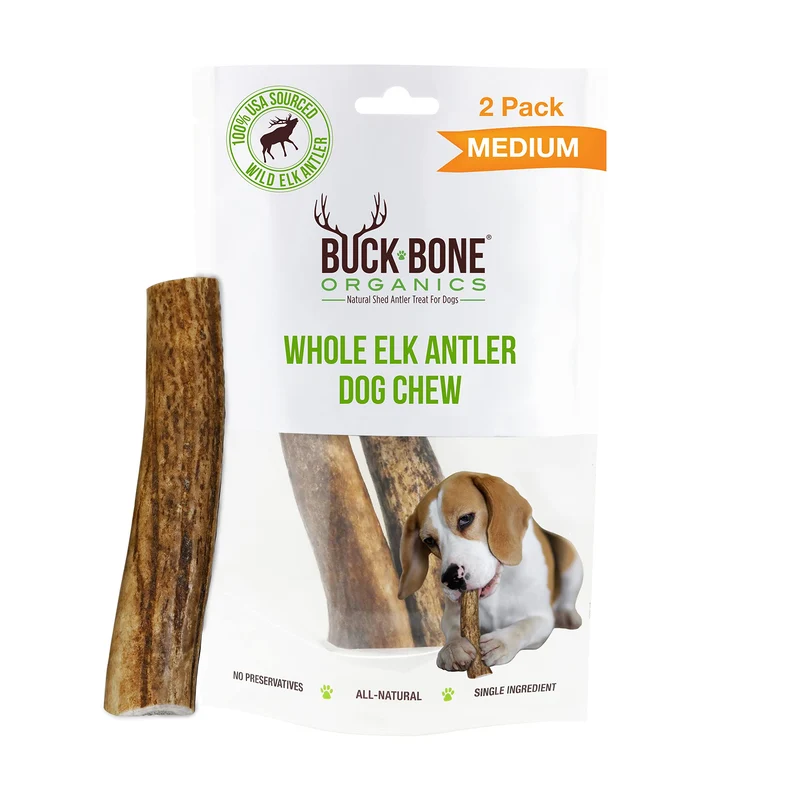 Buck Bone Organics – Corne d’élan pour chiens (Moyen, Lot de 2) – Durable, Naturel, Sans conservateurs, Issue des États-Unis