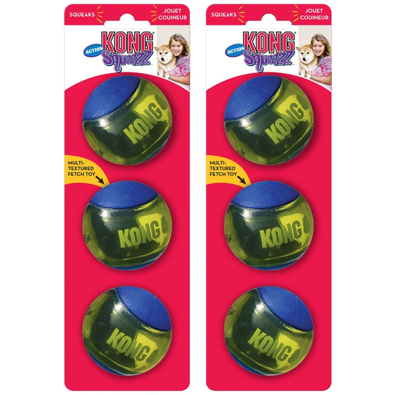 KONG Squeezz Action Ball – Balle résistante avec sifflet intégré | Parfait pour le fetch et la mastication – Bleu, Moyen (6 pièces)