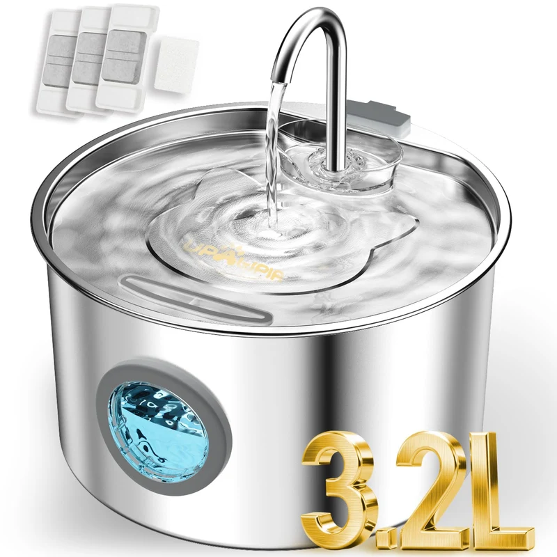 UPAWPIA Fontaine d'eau 3,2 L pour chat – Acier inoxydable, réservoir amovible, fonctionnement silencieux