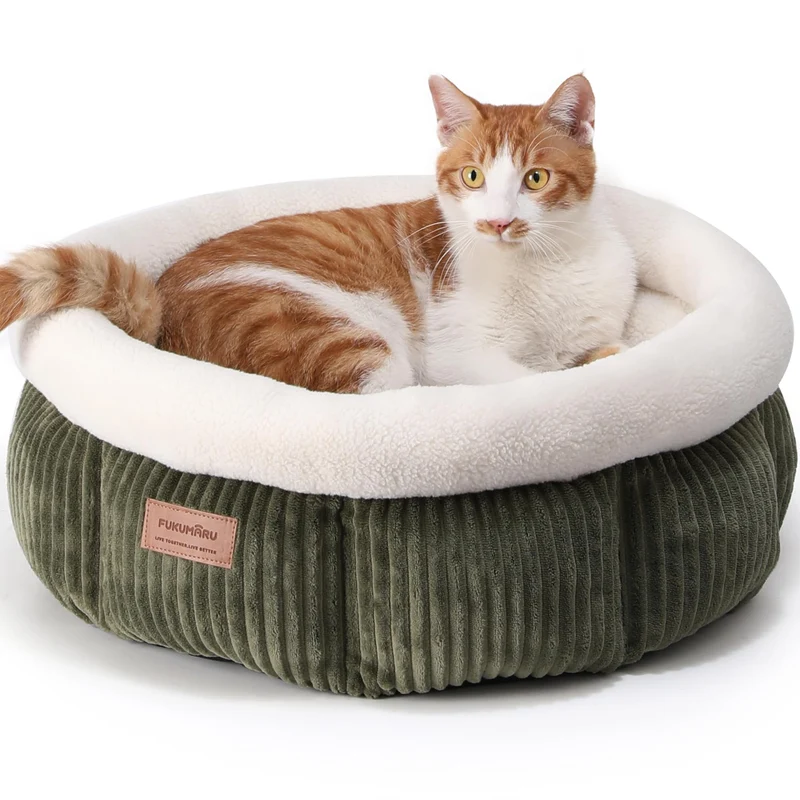 FUKUMARU Lit pour Chat Rond Velours Cotele Vert – Confort Douillet et Lavable