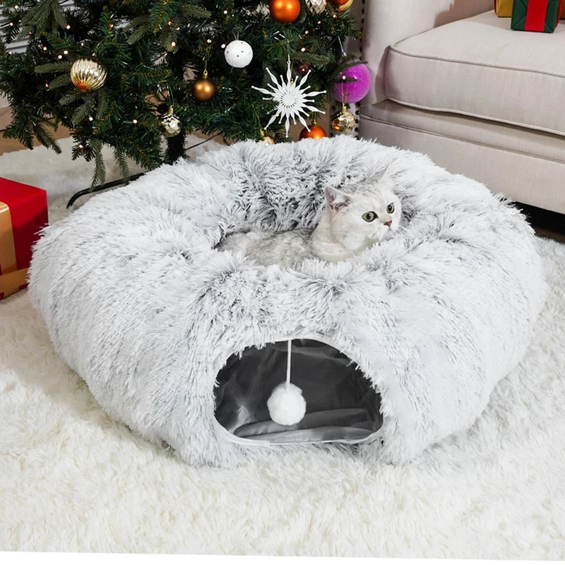 LVUVXVAV Cat Tunnel Bed 2-en-1: Tente en forme de beignet Gris pour Chats — Jeu et Repos