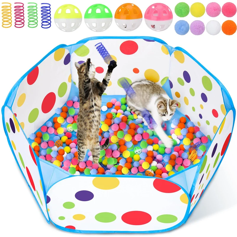 Palksky Panier à balles pour chat – 210 balles et 4 jouets ressort, jeu autonome et enrichment intérieur