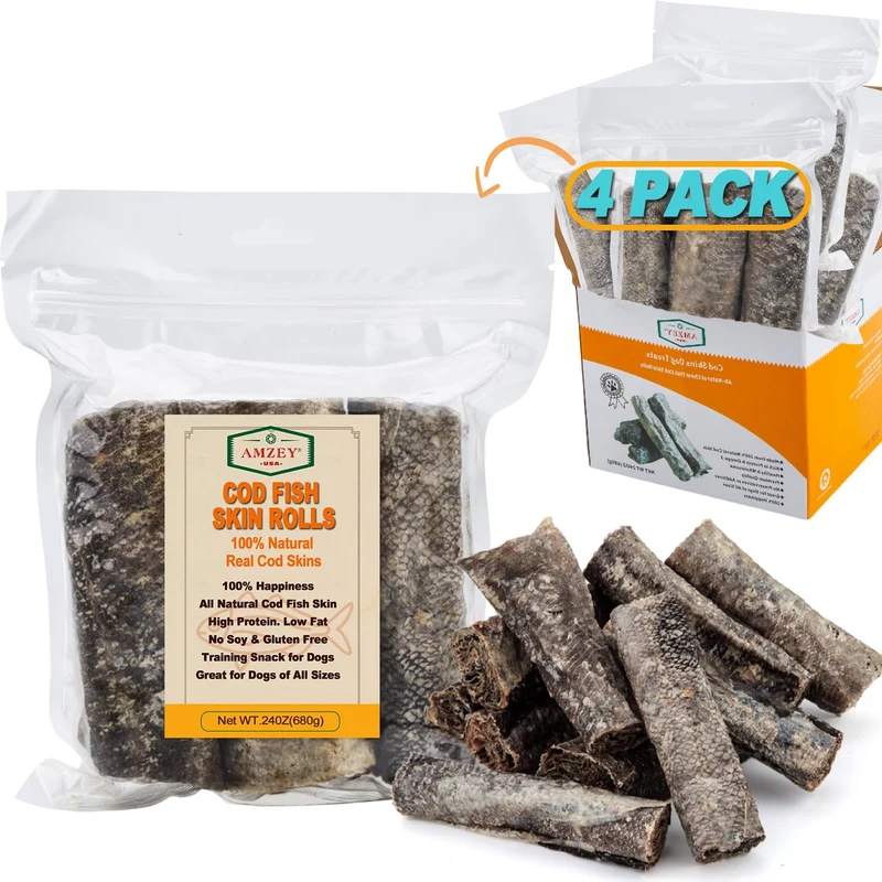 Amzey Friandises Peau de Morue pour Chiens – Haute Protéine, Oméga-3, Naturelles, 24 oz, Pack de 4 Sacs Refermables
