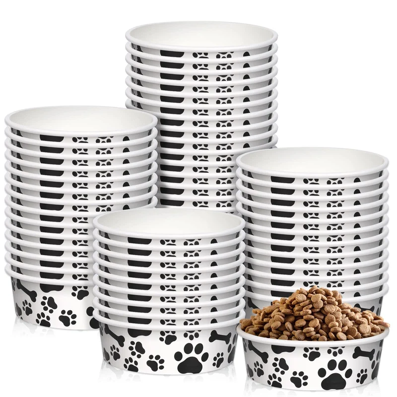 Whaline | 50 bols jetables pour animaux – capacité 500 ml – motif os et patte noir et blanc