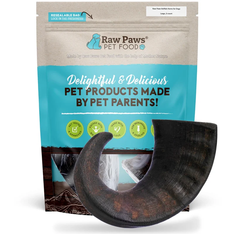 Raw Paws – Cornes de Buffle pour Chiens, Grand Format (2 Pièces) – Durable, Ingrédient Unique, Fabriqué aux États-Unis