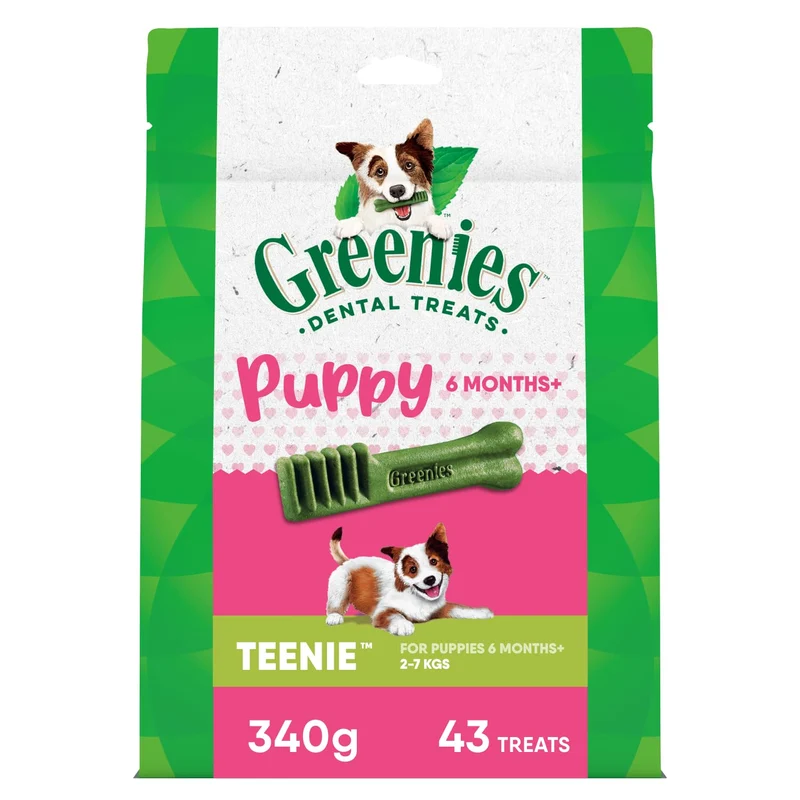 Greenies Friandises Dentaires pour Chiots – Recommandées par les Vétérinaires, Naturelles, Format Teenie, Lot 12 onces (43 bouchées)