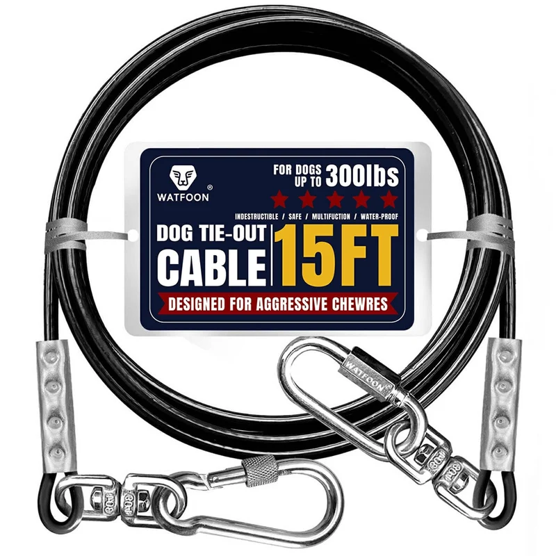 Watfoon Câble Tie-Out Chien 15 Pieds – Résistant 1000 lb, Rotation 360°, Extérieur
