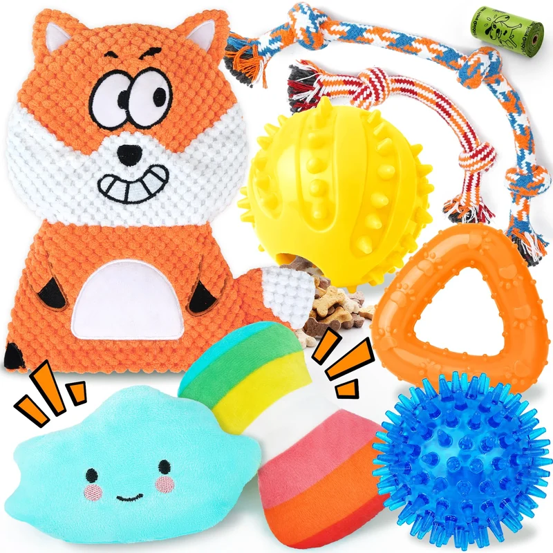 Zeaxuie – Lot de 9 Jouets pour Chiots : Peluches Sifflantes, Balle Friandise et Cordes