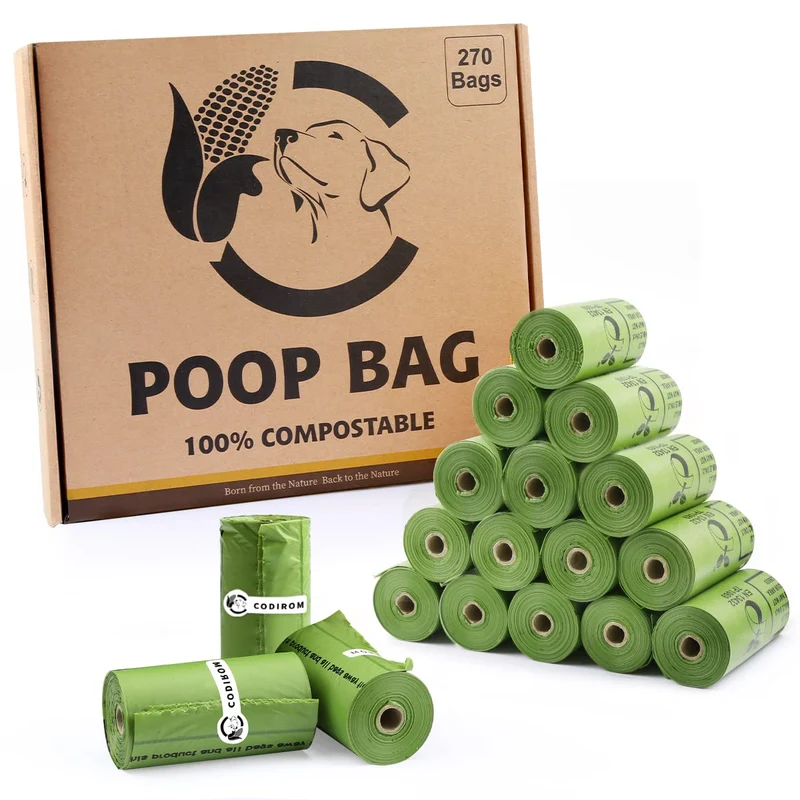 Sacs à crottes compostables pour chien – 270 sacs, 18 rouleaux, sans parfum, vert forêt – Codirom