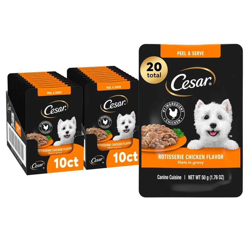 Cesar Filets en Sauce – Nourriture humide pour chiens, saveur Poulet rôti, mini-sachets 50 g, lot de 20