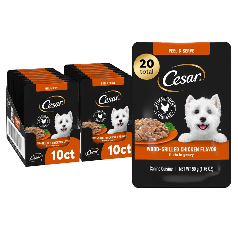 Cesar Filets en Sauce – Poulet Grillé au Bois, Alimentation humide pour chiens, Mini-poches 50 g x20