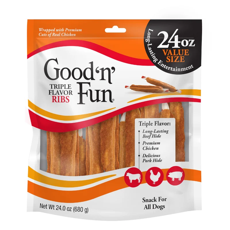 GOOD 'N' FUN Triple Flavor Ribs Chews pour chiens — Os de bœuf, poulet et porc, 24 oz
